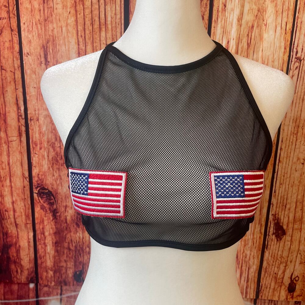 American Flag mesh halter top size medium sheer 4th of July red white blue
